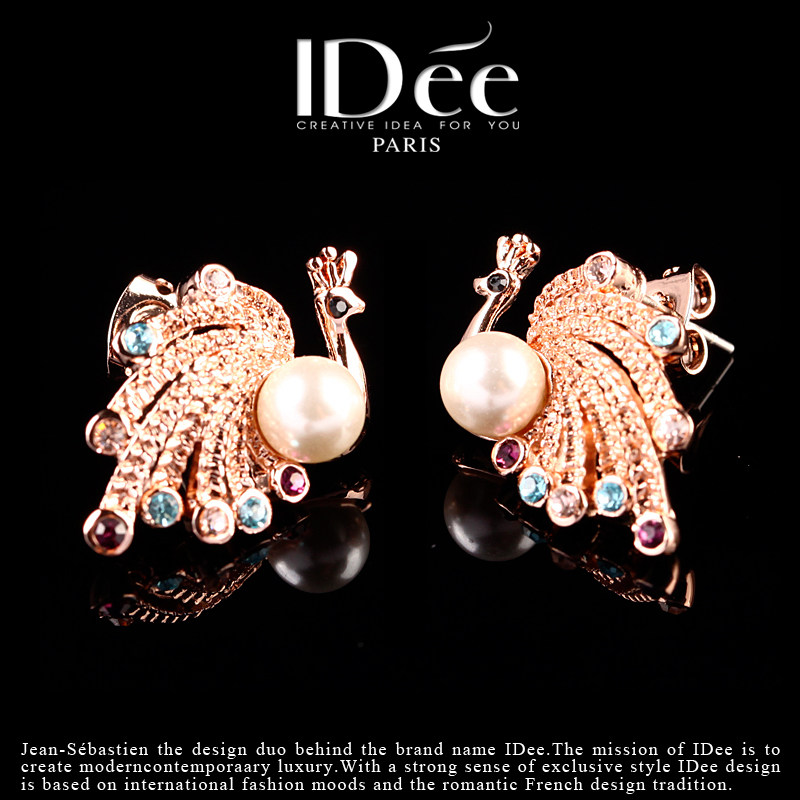法国idee玫瑰金色女孔雀可爱耳钉 idee耳钉