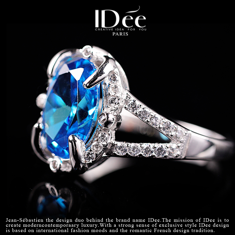 法国idee蓝宝石女气质食指银戒指 idee戒指/指环