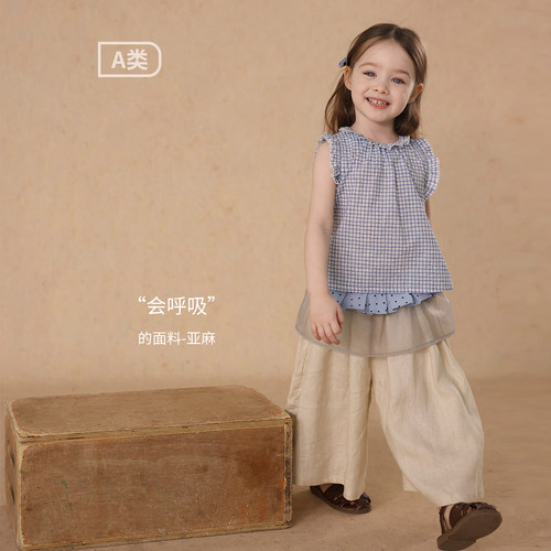 允儿妈女童2025夏季新款纯亚麻裙裤宝宝幼儿园百搭休闲裤儿童裤子 - 图0