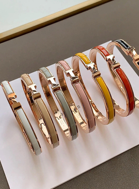 经典珐琅印花手镯黑金白金粉窄版气质简约百搭珐琅POP扣情侣手环