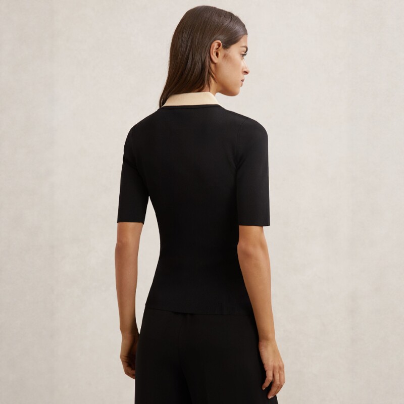 REISS黑色拼色短袖POLO衫针织衫拉链领短款修身简约日常通勤OL风 - 图2
