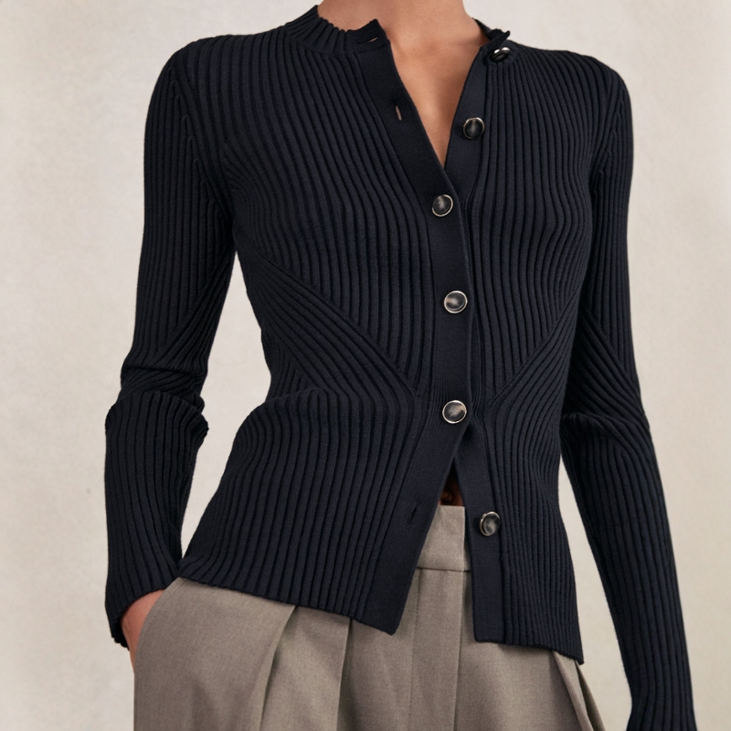 REISS石棕色长袖针织衫开衫短款弹力修身坑条纹圆领日常通勤干练 - 图2