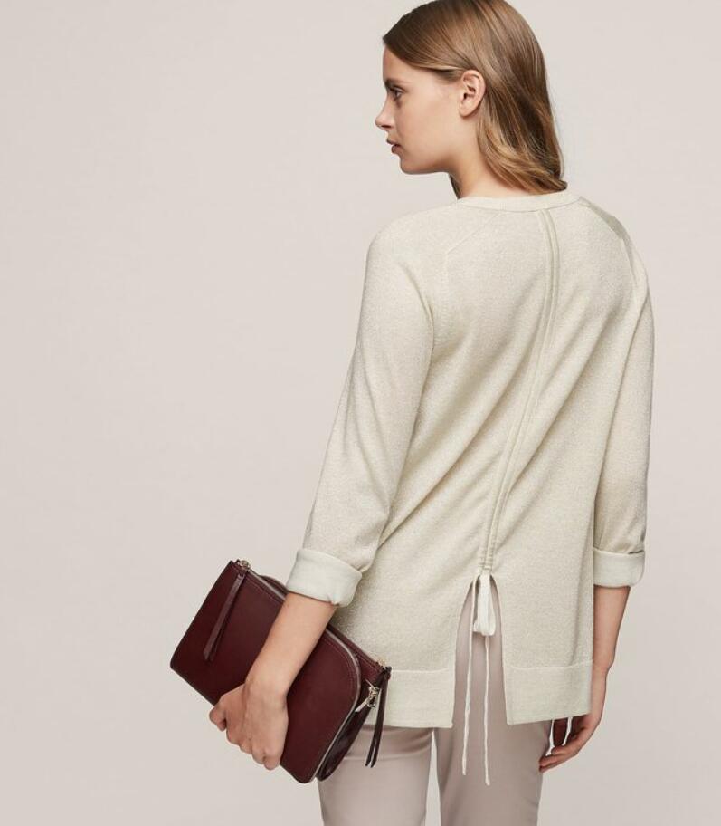 REISS长袖羊毛针织衫上衣燕麦色圆领后系带简约淑女清新通勤百搭 - 图0