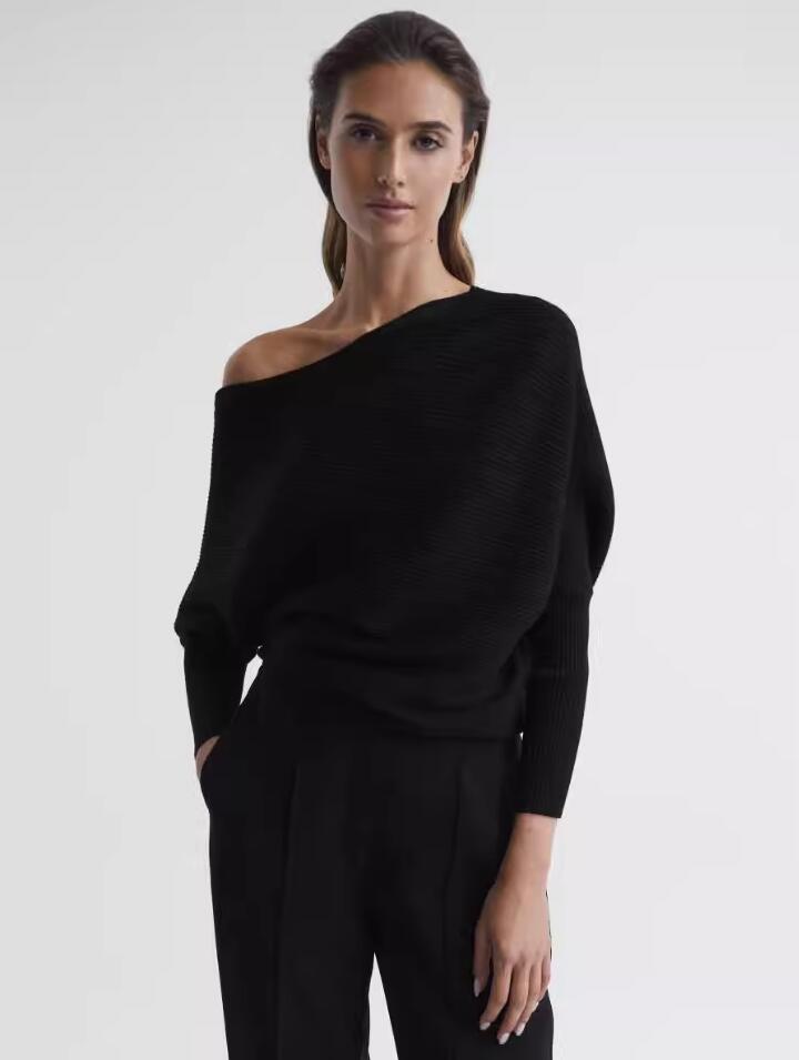 REISS黑针织上衣蝙蝠袖一字领露肩短款修身大气经典百搭气质显瘦 - 图2