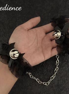 禁欲系性感黑白色蝴蝶结蕾丝花边铃铛手环cosplay配饰软妹脚环