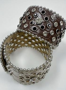 欧美朋克嘻哈水钻重工宽版手环复古西部废土辣妹皮质按扣手镯手链