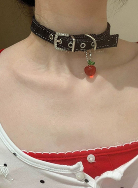 原创苹果choker牛仔项圈可爱y2k红色项链亚文化