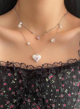 双层叠戴粉色爱心项链女小众设计甜酷锁骨链高级感颈链饰品