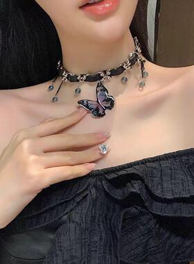 chocker黑色蝴蝶项链脖子配饰女甜酷辣妹y2k重工项圈朋克颈链高级