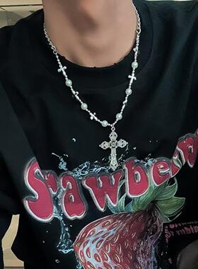 欧美十字架项链男ins小众设计网红珍珠毛衣链合金不掉色锁骨链女