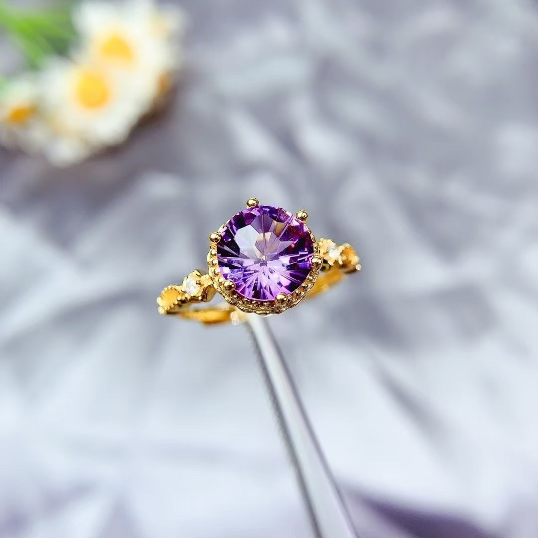 Natural Amethyst Fireworks Cut Ring 925 Sterling Silver Gold Plated Supports Detection Main Stone Size 8mm