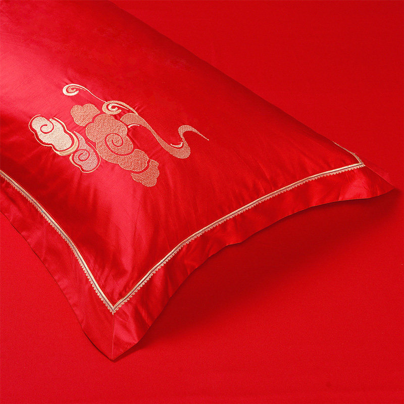 富安娜家纺60支长绒棉大红色被套 富安娜婚庆床品套件