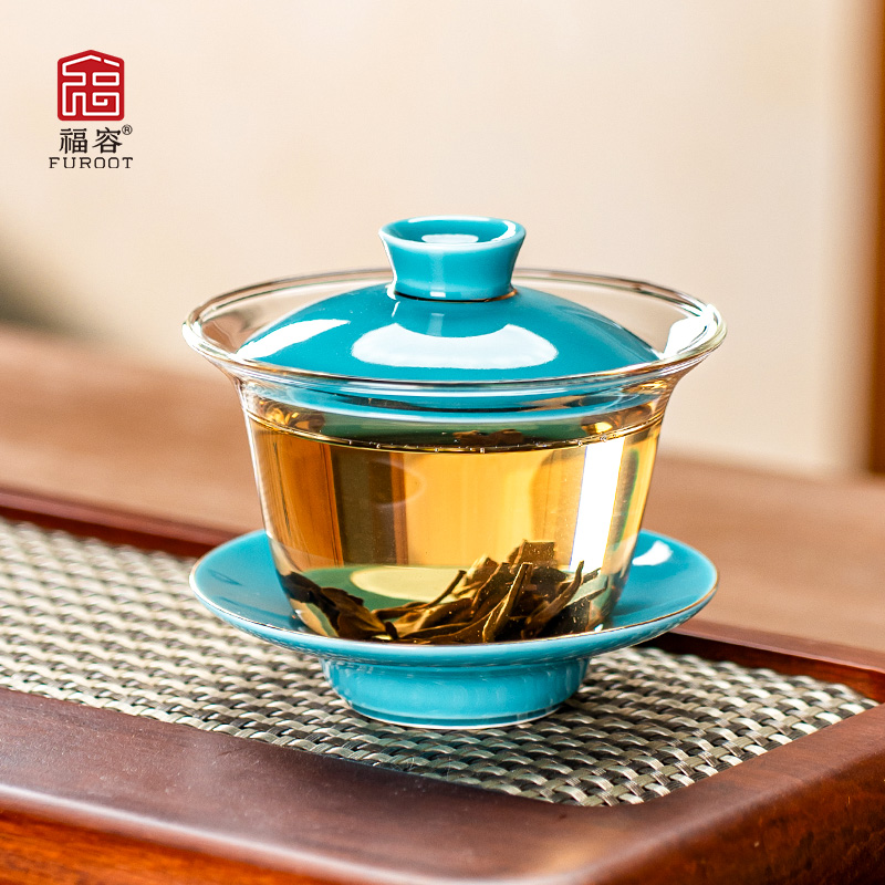 福容耐热加厚玻璃盖碗陶瓷手绘三才茶碗泡茶杯大小号工夫茶具单个 - 图0