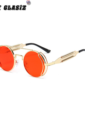 蒸汽朋克金属双弹簧腿眼镜复古机车男士墨镜ins女士太阳镜圆形框