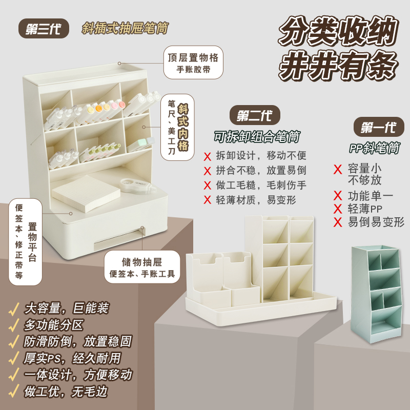 三年二班 笔筒收纳盒抽屉式办公室桌面轻奢风学生多功能斜插式笔盒收纳盒创意大容量ins儿童女孩男孩笔桶K - 图0