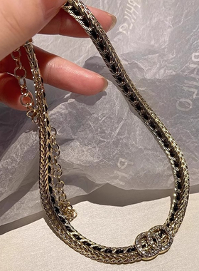 小羊皮穿皮镶钻双圈项链