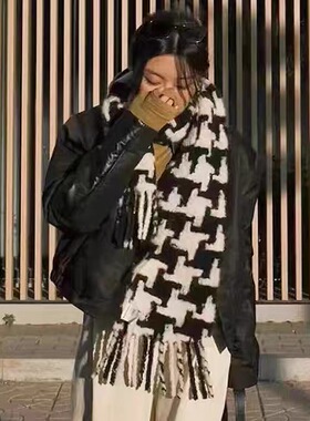 AC最高千鸟格围巾女秋冬季羊毛披肩格子拼色流苏加厚保暖羊绒围脖