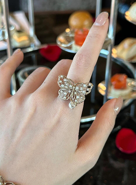 奥米迪奥新款镂空蝴蝶珍珠戒指女