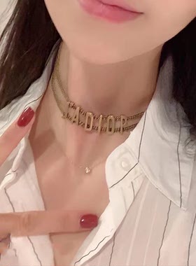 字母双层链条锁骨链女复古做旧
