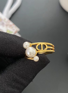 奥米迪奥D字母大小珍珠镂空戒指女小众轻奢高级感指环24年新款爆