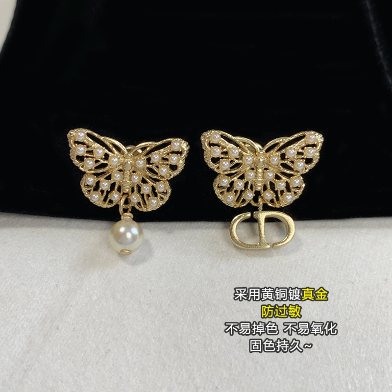 奥米迪奥镂空蝴蝶珍珠吊坠耳环女轻奢高级感CD耳钉字母不对称耳饰 - 图2