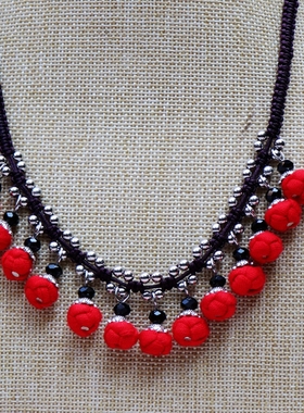 民族风手工布艺球球项链女短款锁骨链简约衣服脖子古典饰品项饰