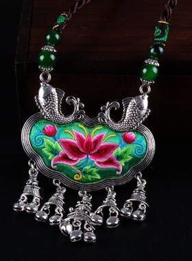 云南中长款刺绣铃铛棉麻毛衣链