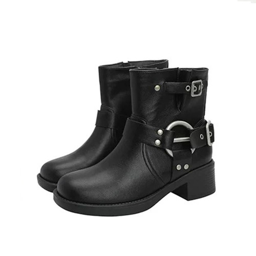 吉拾予加肥加宽大码女鞋英伦风复古皮带扣5公分马丁靴粗跟短靴 - 图3