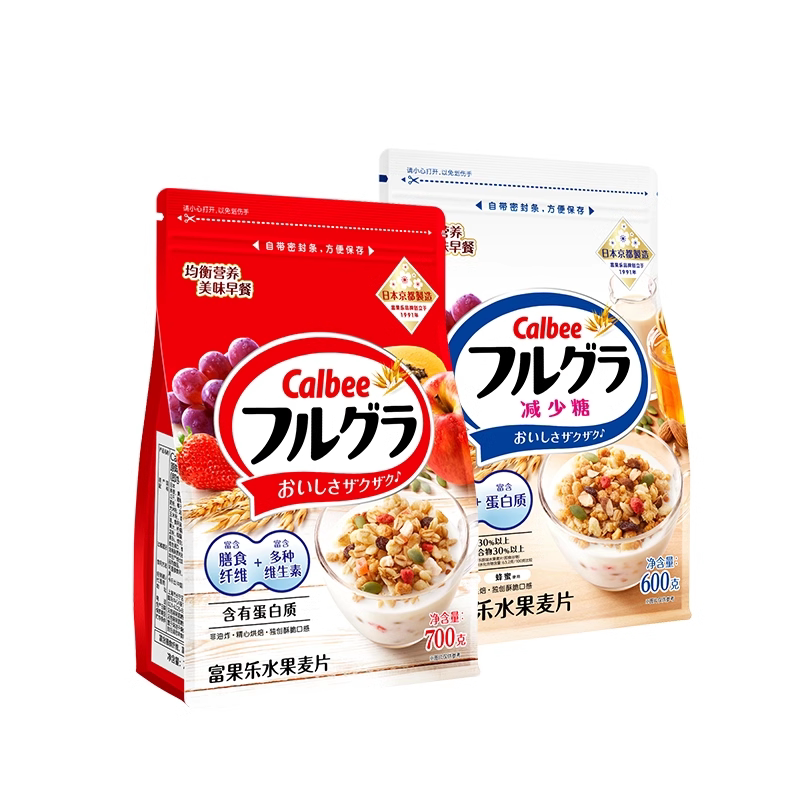 日本卡乐比calbee水果麦片700g早餐即食巧克力苹果减少糖原味麦片_虎窝淘