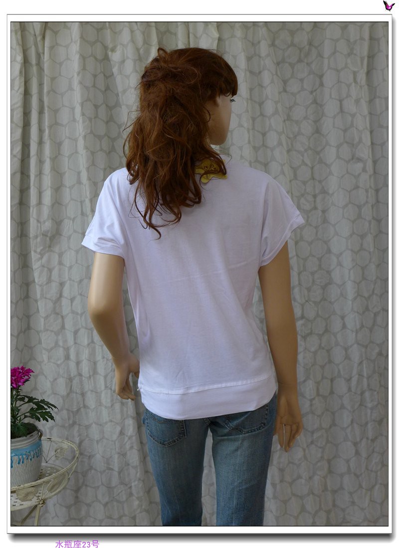 夏季套头甜美黄白色圆领修身蝙蝠袖短袖棉质T恤衫美女人物图案 - 图0
