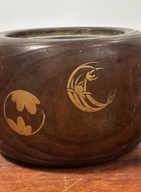 日本桐木铜胆金时绘嵌螺钿火钵，外径29厘米胆内径18厘米，高20
