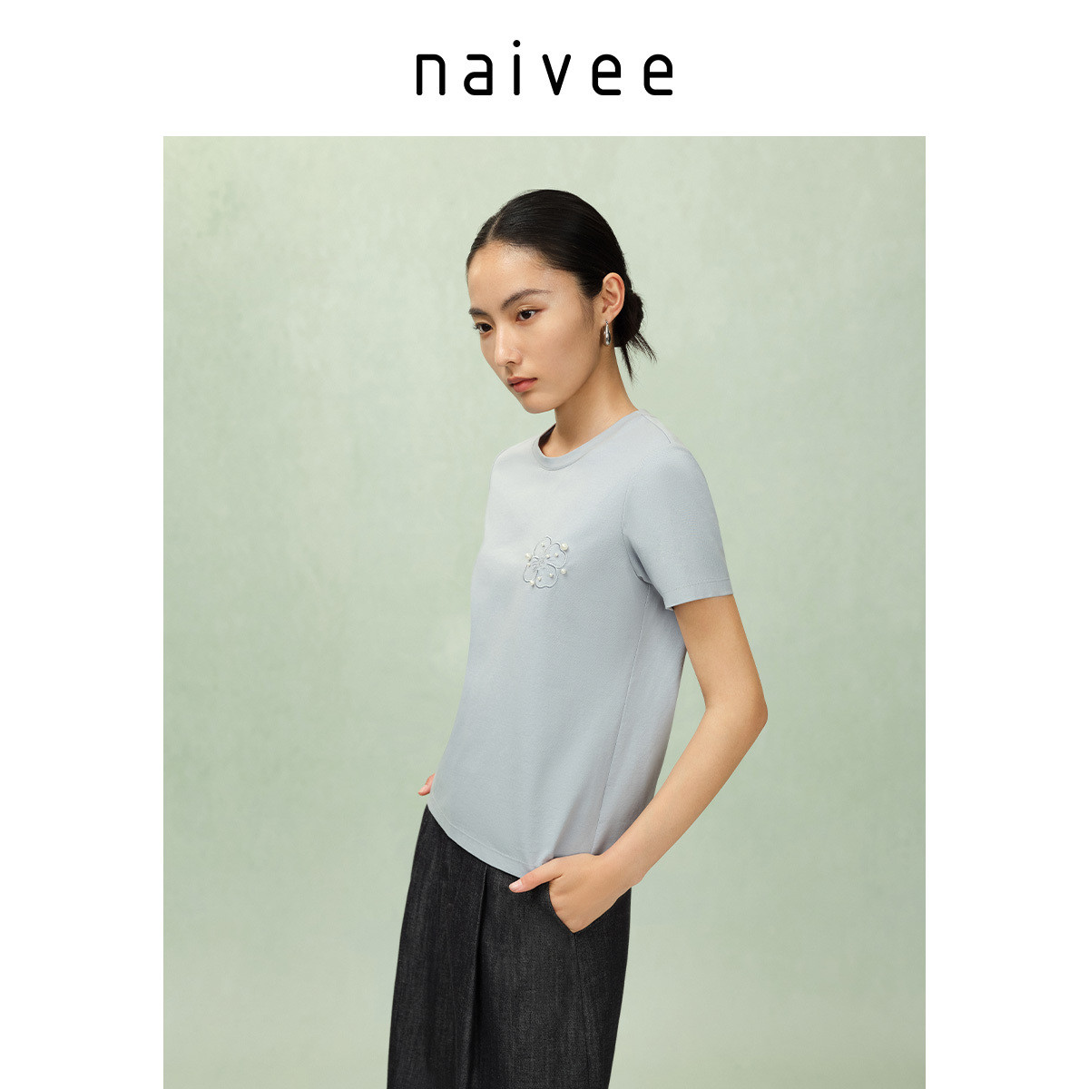 【富贵花T恤】商场同款naivee纳薇25秋新款珍珠刺绣上衣舒适百搭 - 图0