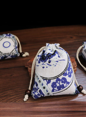独特意境 青花瓷盘图案 玉器 瓷器首饰 佛珠收纳抽口布袋子小布袋