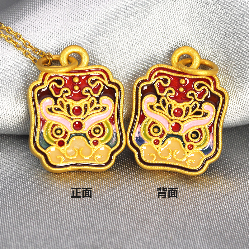 黄金 硬金足金纯金国潮珐琅烧蓝瑞兽方牌小吊坠项链项坠挂坠祥瑞 3D 黄金 硬金足金纯金国潮珐琅烧蓝瑞兽方牌小吊坠项链项坠挂坠祥瑞 3D