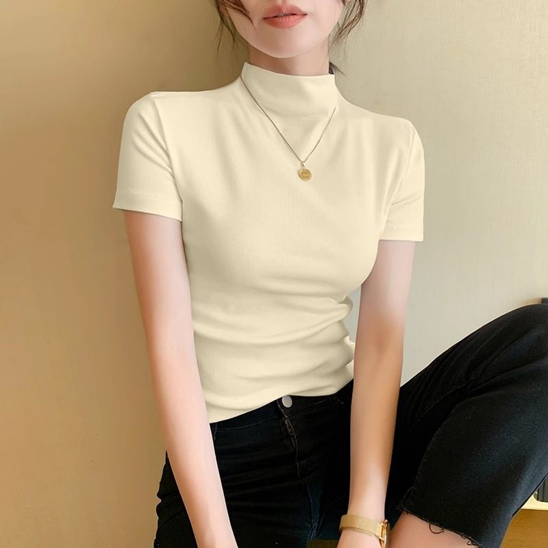 白色莫代尔短袖T恤女2025夏季新款冰丝半高领修身显瘦打底衫上衣,淘宝优惠券,粉丝福利购,淘宝优惠卷