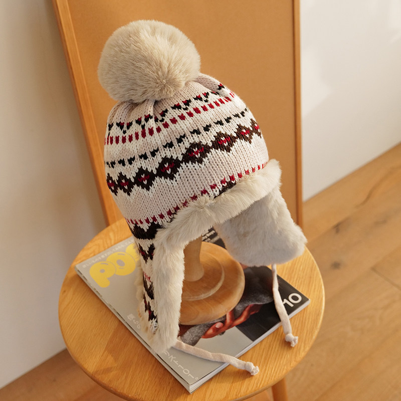 Himade韩版加绒加厚雷锋帽女甜美可爱显脸小毛线帽子冬季保暖护耳