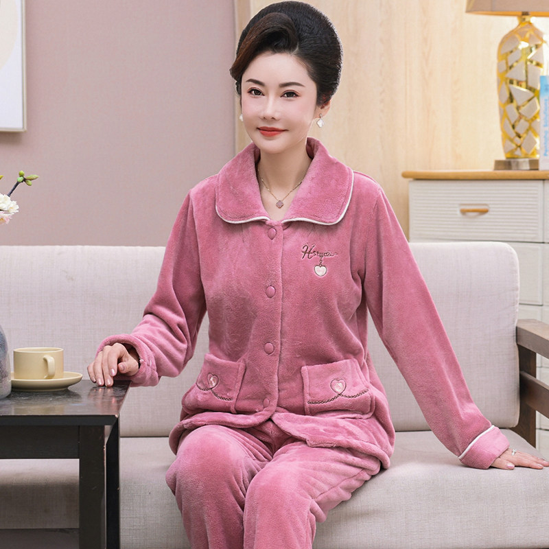 冬季睡衣女中老年妈妈法兰绒家居服冬天套装加厚珊瑚绒老人家睡衣