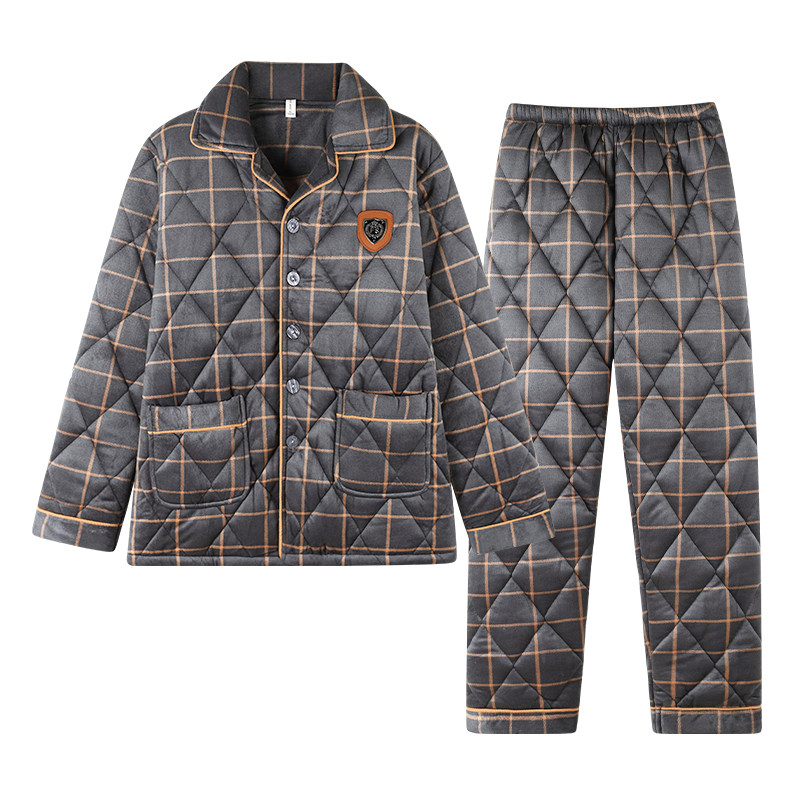 冬款男士加绒加厚夹棉睡衣中老年人爸爸三层保暖珊瑚绒家居服套装,淘宝优惠券,粉丝福利购,淘宝优惠卷