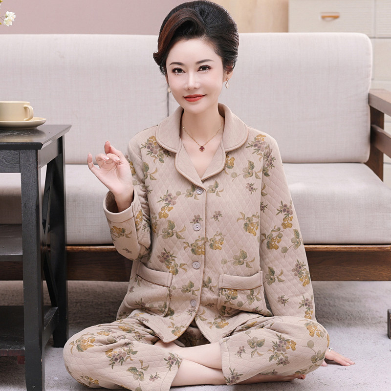 中老年女士薄夹棉睡衣冬季夹层中年女纯棉开衫甜美长袖家居服套装,淘宝优惠券,粉丝福利购,淘宝优惠卷