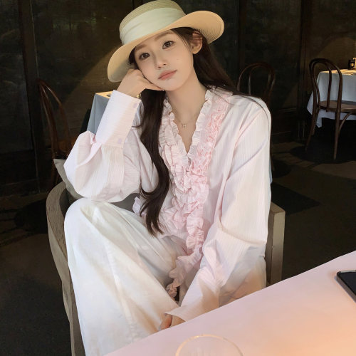 1ess la mode 25秋季新款韩系花边V领条纹衬衫法式慵懒衬衣 - 图3