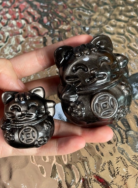 天然银曜石招财猫摆件手把件车载手办潮玩猫