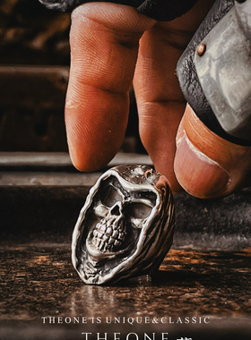 THEONE罕见古董孤品美国纯手工纯银死神戒指复古暗黑哥特风格
