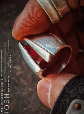 THEONE古董孤品美国手工纯银戒指 后现代科幻极简红宝石绅士指环