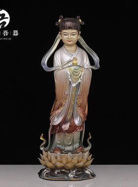 速发20财5 黄铜《善2童子龙》掐丝镶金工像摆件 家居佛艺品