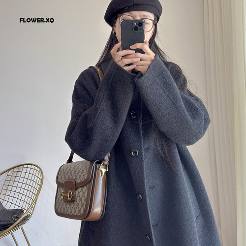 极简风胖mm双面呢羊毛大衣女中长款翻领显瘦高级感200斤毛呢外套 - 图1