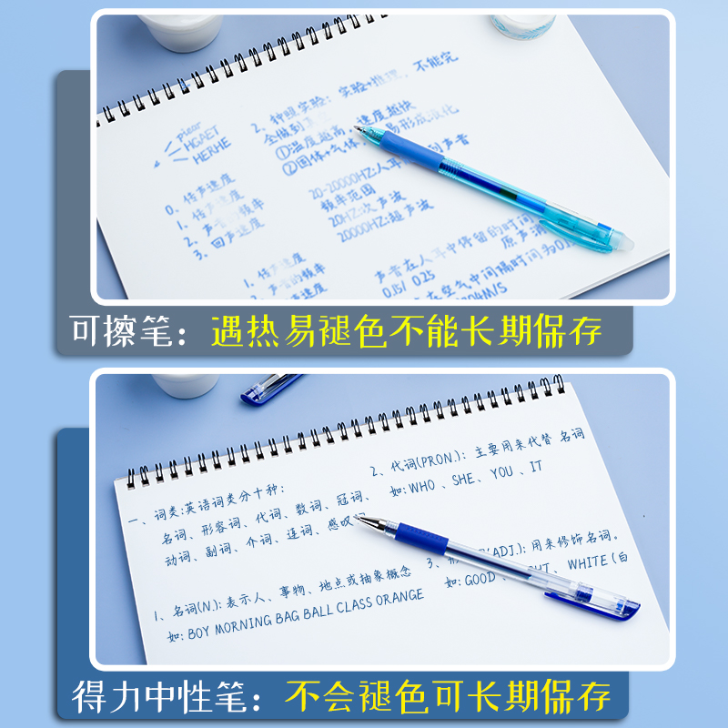 12支得力蓝笔学生用蓝色中性笔0.5mm子弹头按动水性笔碳素水笔芯商务速干签字笔大容量圆珠笔办公文具用品 - 图0