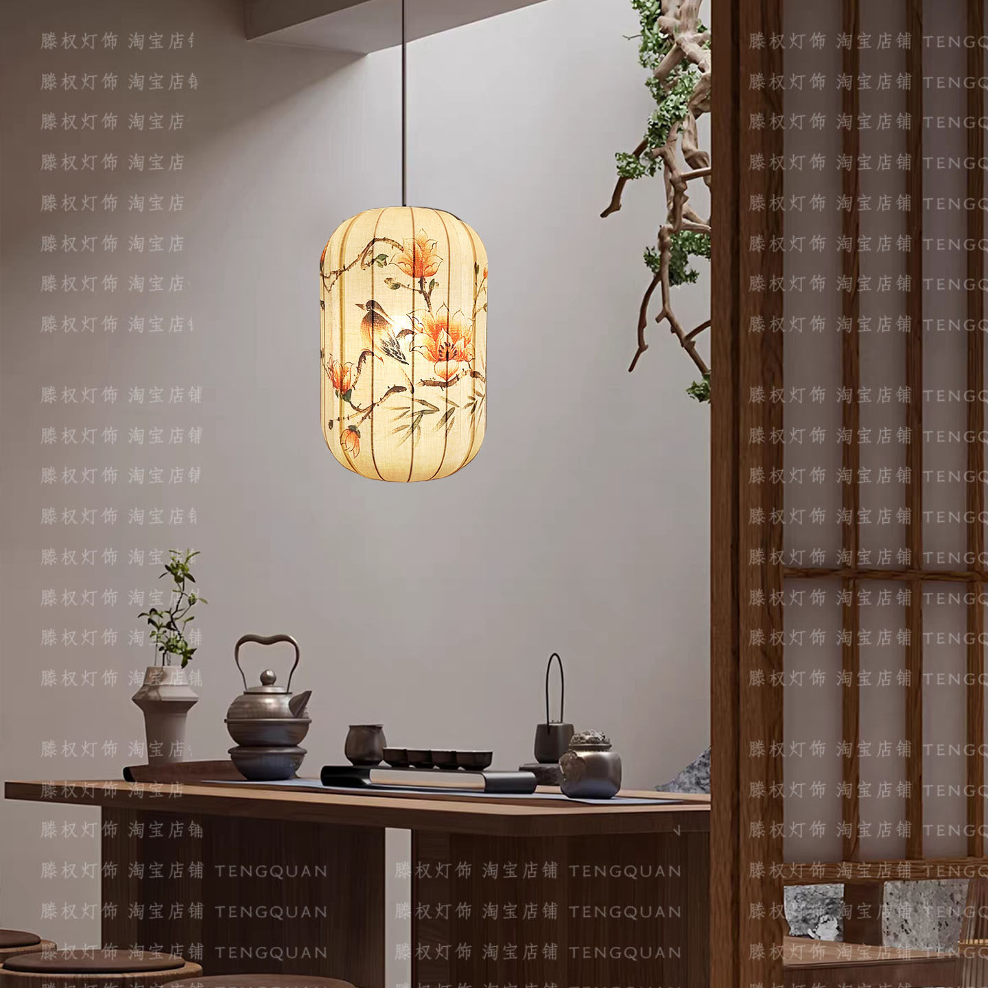 新中式餐厅吊灯亚麻布手绘笼中国风茶室灯宋氏美学装饰过道玄关灯,淘宝优惠券,粉丝福利购,淘宝优惠卷