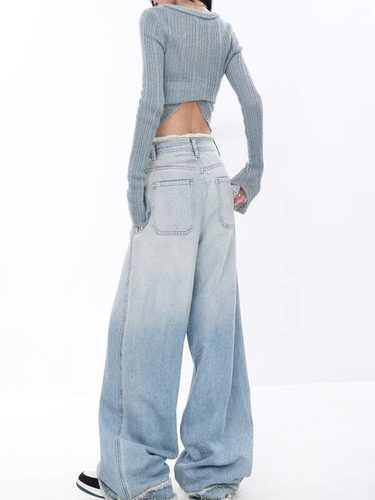 KEN STUDIO春夏新款渐变蓝色直筒牛仔裤女复古毛边设计阔腿裤裤子 - 图3