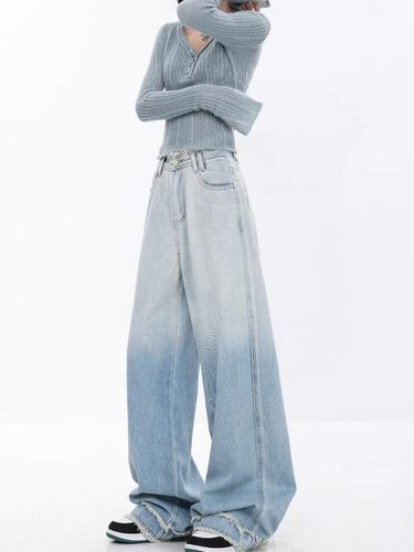 KEN STUDIO春夏新款渐变蓝色直筒牛仔裤女复古毛边设计阔腿裤裤子 - 图2