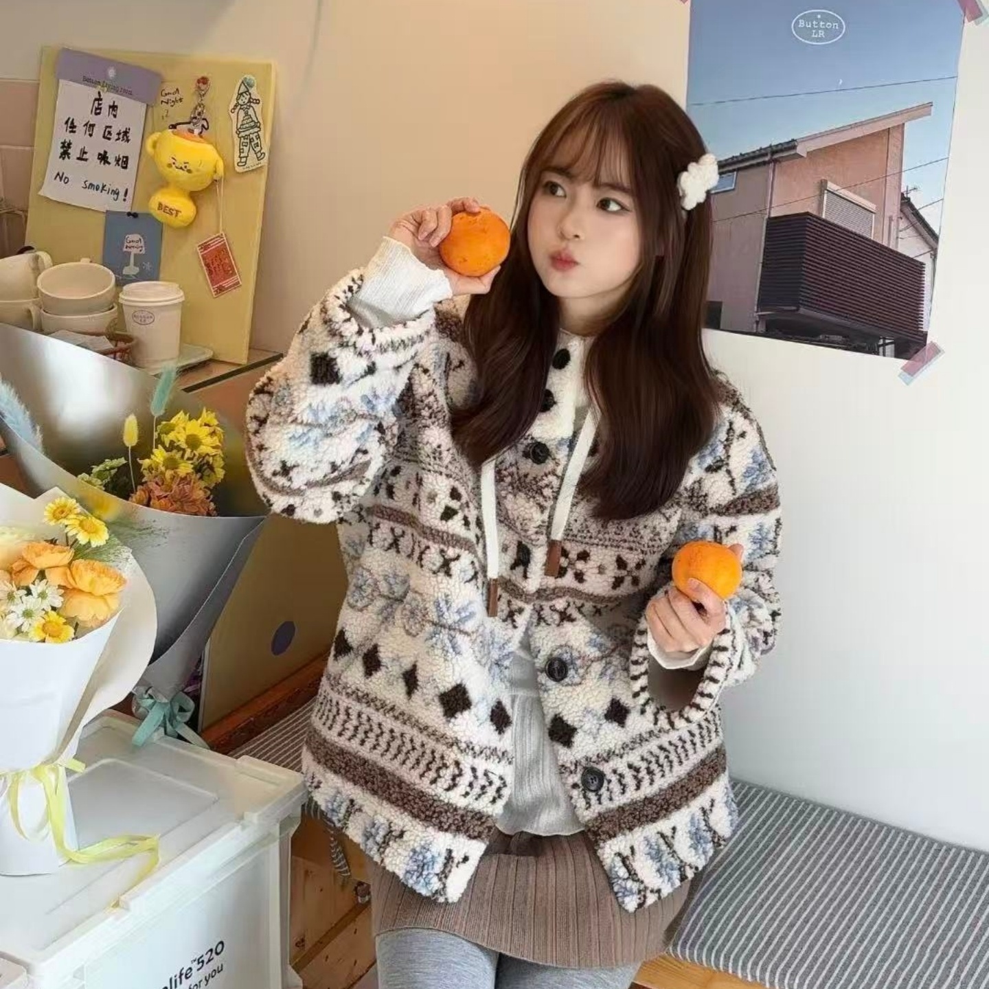 费尔岛羊羔毛连帽外套女2025冬季新款宽松加厚皮毛一体毛绒绒上衣 - 图0